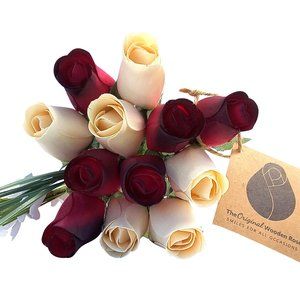 1 Dozen Red with Black Tips and White  Flower Bouquet The Original Wooden Rose
